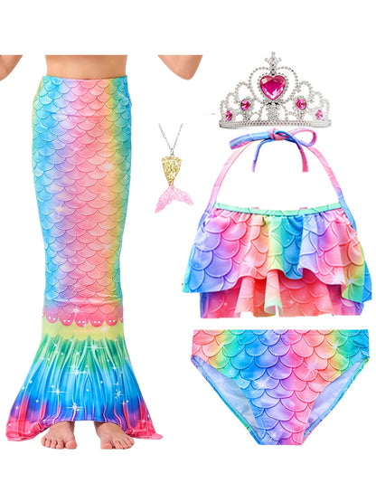 5-Piece Mermaid Tail Costume Princess Mermaid Outfit, Mermaid Dress Halloween Costume for Kids, Cosplay Clothes, Girls' Clearance Sale, Christmas Outfits Sets, Halloween Disguise for Girls