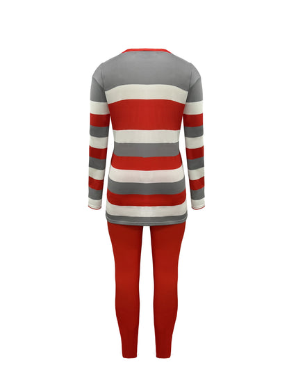 Plus Size - Plus Size - Women'S Striped Long-Sleeve Trouser Suit with Queen'S Lettering And Pocketed Pants