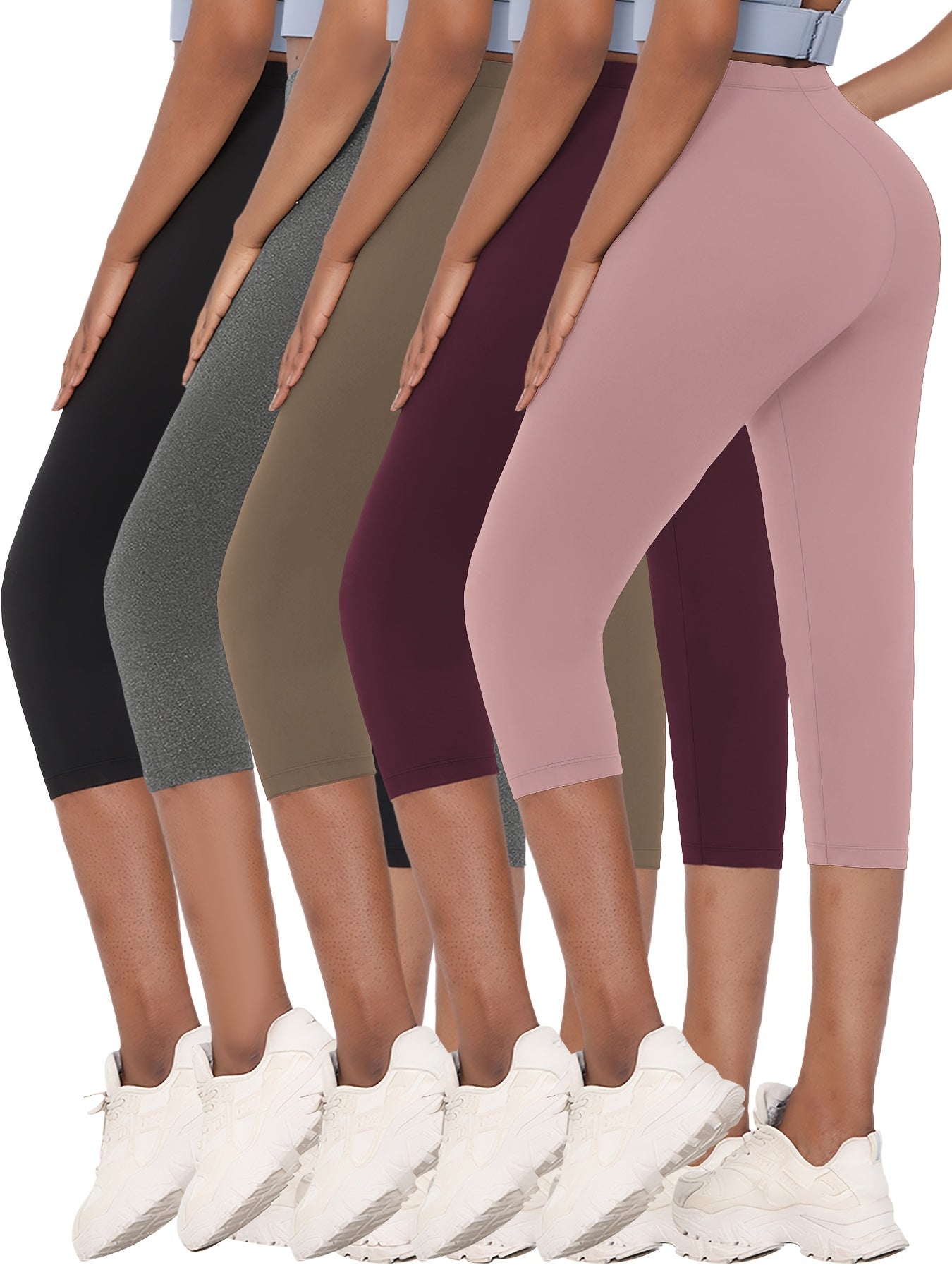 5 Pack LUCKYUM Women's High-Elastic Capri Athletic Leggings - Full Coverage Non-See-Through Workout Pants, Solid Color Yoga Running Gym Wear, 5pcs Bulk Pack for Team/ Use (Spring/Summer/Fall) - Machine Washable 5 Pack Offer