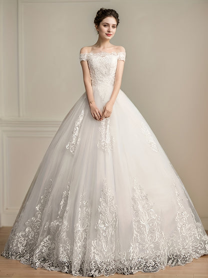 Women's Light Luxury Off-Shoulder Wedding Dress, Elegant Party Wear with Luxurious Lace Embroidery, Graceful and for Wedding Parties