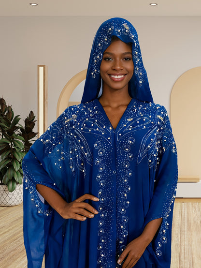 A Batwing Sleeve Shawl Wrap Adorned with Royal Blue Rhinestones, Inspired by Middle Eastern Styles. This Plus-Size Semi-Sheer Tunic Features a Loose Fit, Beaded Accents, And a Slit Hem, Perfect for Summer Weddings, Parties, And Cultural Gatherings