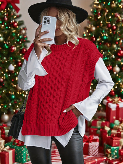 Women's Cable Sweater Vest - Sleeveless Round Neck Slit Hem Blouse, Solid Color Medium-Elastic Knitwear for Spring Summer Fall Layering, Casual & Semi-Formal Wear (Hand Washable)