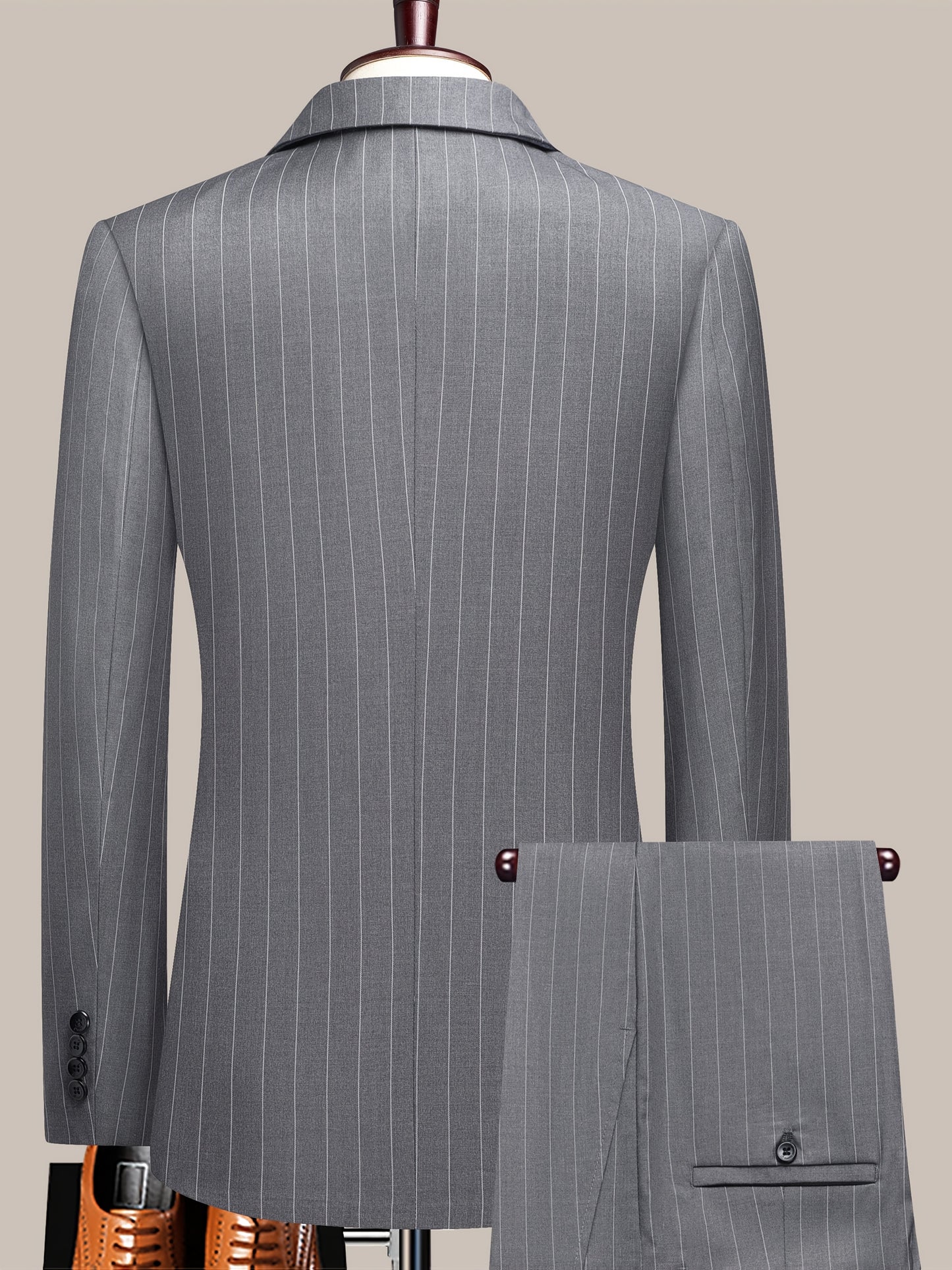 Latest Men's Suit Striped Double-Breasted Suit Spring/ Summer/ Autumn Thin Two-Piece Set with Frill Collar Striped Style Four Buttons Suit Business And Casual Dress Collar Necklace Decoration Slimming Dress Casual Suit White Suit