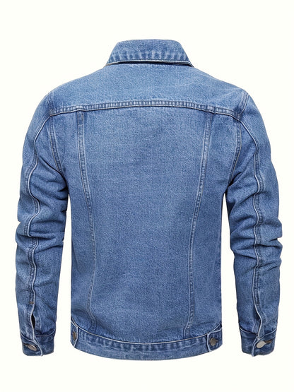 1pc Men'S Casual Denim Jacket, 80% 20%, Solid Color, Lapel Collar, Non-Stretch Woven Fabric, Regular Fit with Pockets