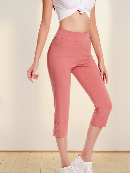 Women's Pull On Straight Leg Capri Pants Stretch Comfort Fit with Eyelet Detail And Two Pockets