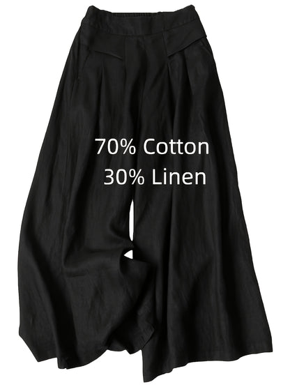 Women' Boho Linen Palazzo Wide Leg Pants - Elastic Capri Trousers with, 7/8 Length Culottes Suitable for Spring Summer Fall, Casual Solid Color Elastic Pants for Outfits & Casual Attire