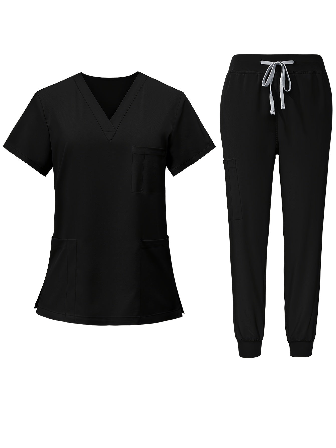 [2pcs Scrub Suit Set] Ships From The United States] 2pcs Set Scrub Suit Set for Women Modern V-neck Top T-shirt & Tapered Leg Jogger Pants with Drawstring Nursing Uniforms Set Suitable for Pet Hospitals, Dental Clinics, Nursing Work, Etc