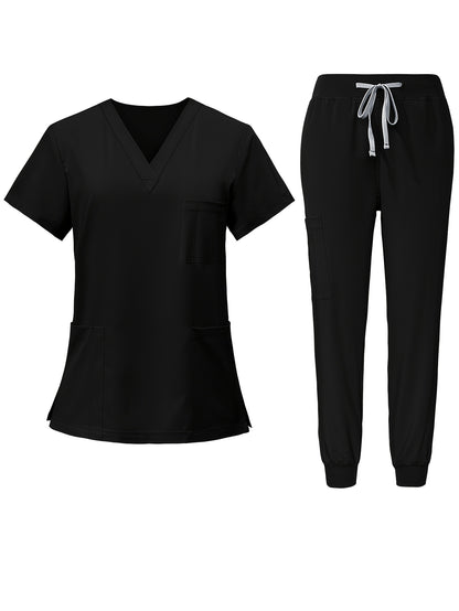 [2pcs Scrub Suit Set] Ships From The United States] 2pcs Set Scrub Suit Set for Women Modern V-neck Top T-shirt & Tapered Leg Jogger Pants with Drawstring Nursing Uniforms Set Suitable for Pet Hospitals, Dental Clinics, Nursing Work, Etc