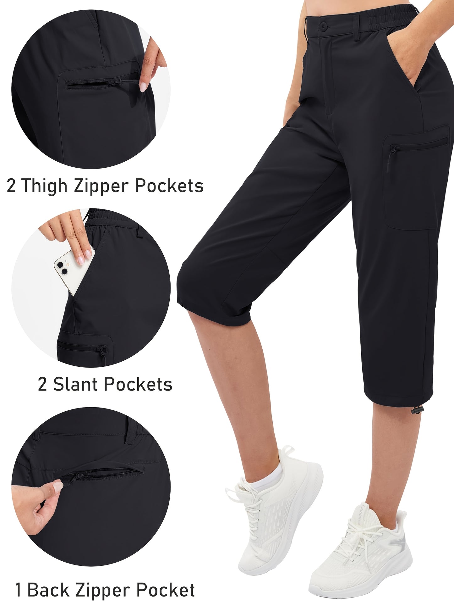 Women'S Summer Hiking Capri Pants - Lightweight, Quick Dry, Stretchy, Zipper Pockets, Adjustable Waist & Cuffs For Outdoor Travel, Hiking, Camping, Fishing, Casual Wear Long Shorts