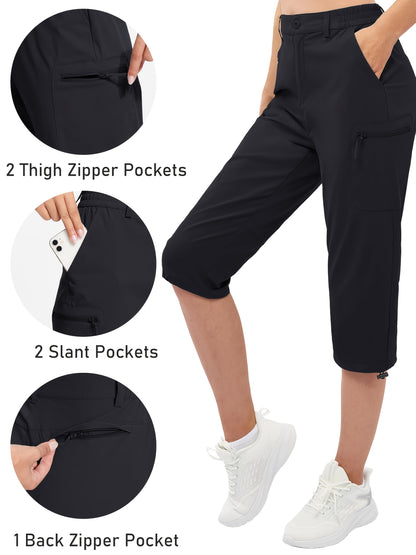 Women'S Summer Hiking Capri Pants - Lightweight, Quick Dry, Stretchy, Zipper Pockets, Adjustable Waist & Cuffs For Outdoor Travel, Hiking, Camping, Fishing, Casual Wear Long Shorts