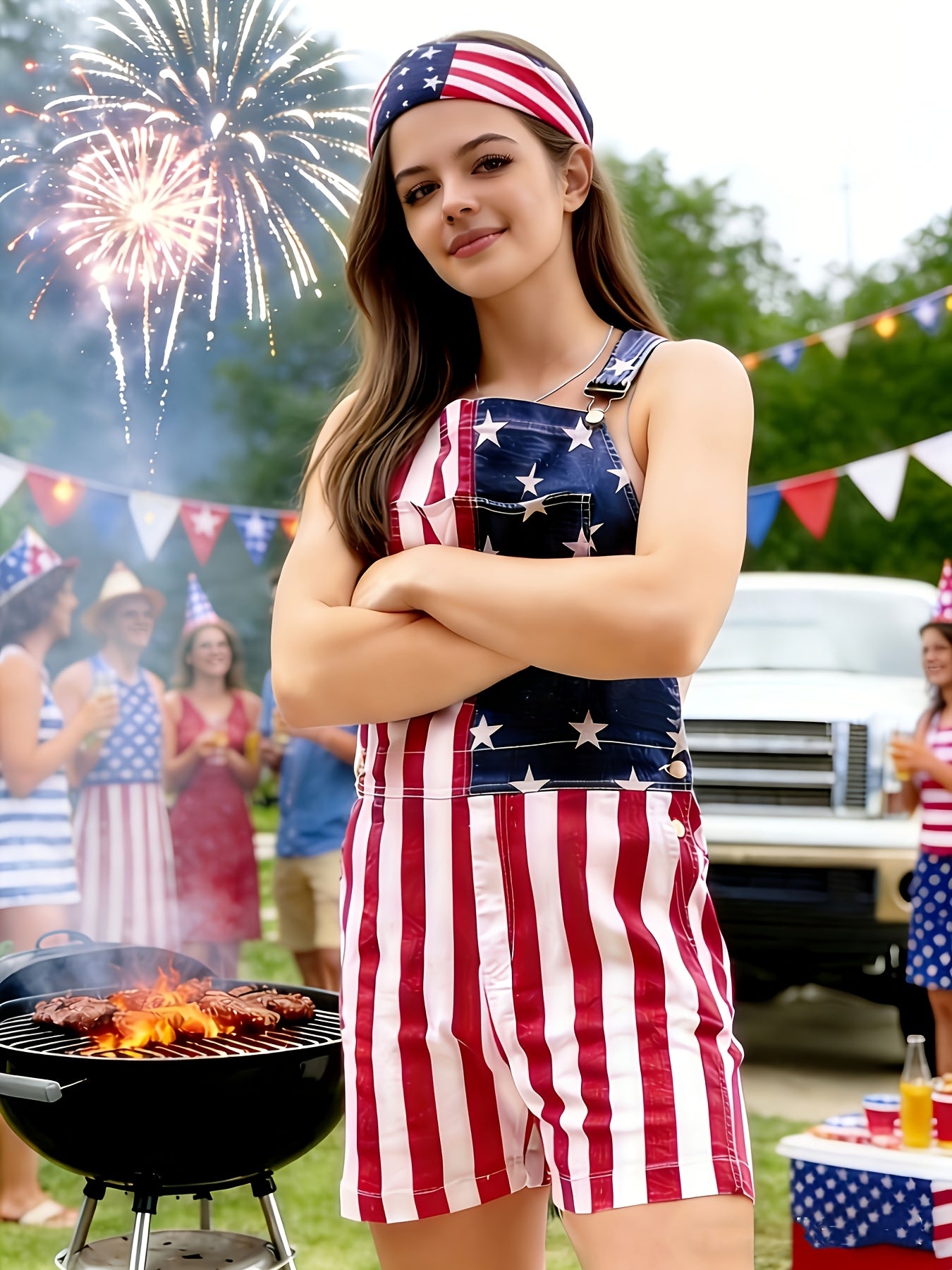 American Independence Day Flag Jumpsuit Bib Shorts, Independence Day Bandana, Perfect for Independence Day Celebrations