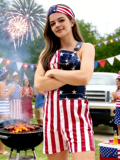 American Independence Day Flag Jumpsuit Bib Shorts, Independence Day Bandana, Perfect for Independence Day Celebrations