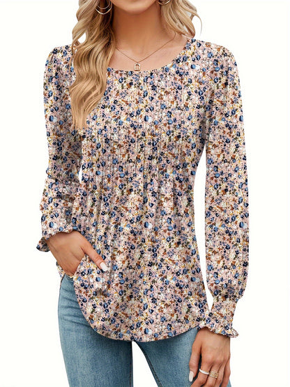 Women's Casual Fall Floral Round Neck Puff Sleeve Tunic Long Sleeve Top Pleated Loose And Versatile T-Shirt