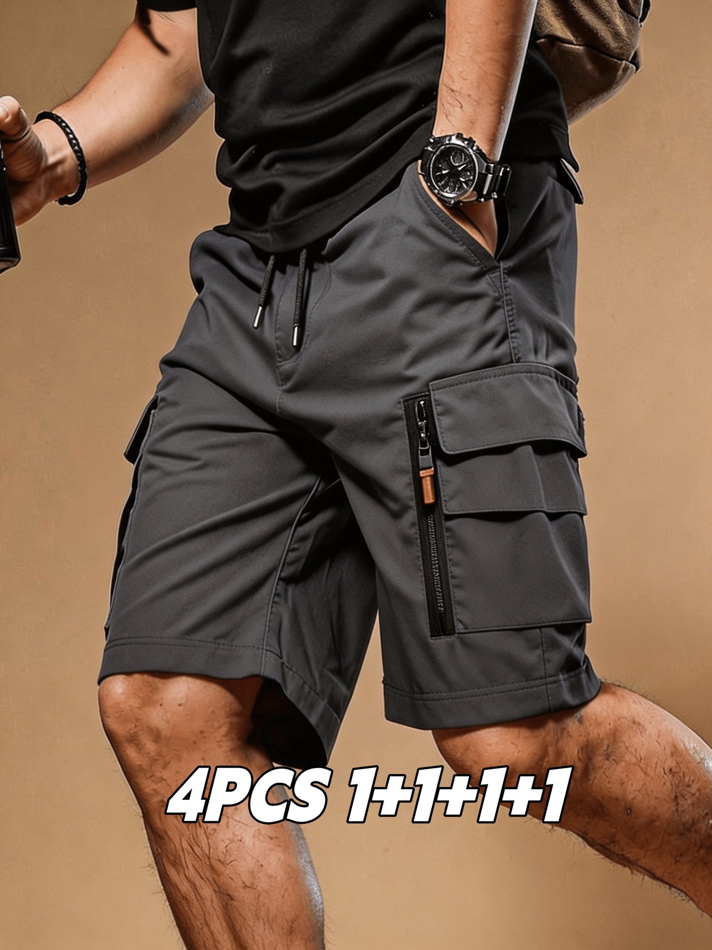 4 pc Men Summer Cargo Shorts Elastic Drawstring Multi Zipper Pockets Lightweight Quick Dry Athletic Shorts Casual Workout Hiking Running Outdoor Sweat Shorts Ideal Gift for Men Guys