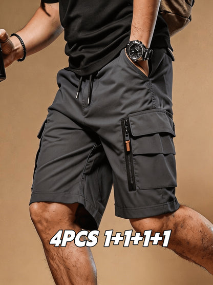 4 pc Men Summer Cargo Shorts Elastic Drawstring Multi Zipper Pockets Lightweight Quick Dry Athletic Shorts Casual Workout Hiking Running Outdoor Sweat Shorts Ideal Gift for Men Guys