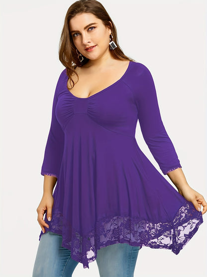 Plus Size - Plus Size - Floral Jacquard Lace Top in Plus Size - Stylish Contrast Edging, Round Neckline, Long Sleeves - Elegant Solid Tops for Curvy Women for Easy Fashion