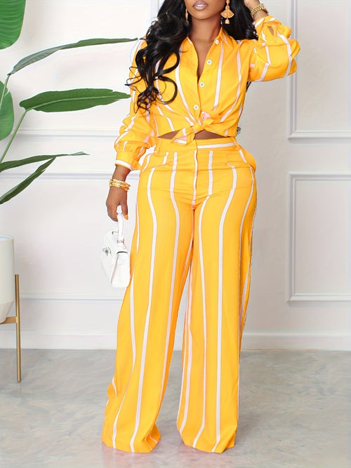 Women's Two-Piece Pants Set - Striped Casual Matching Outfit