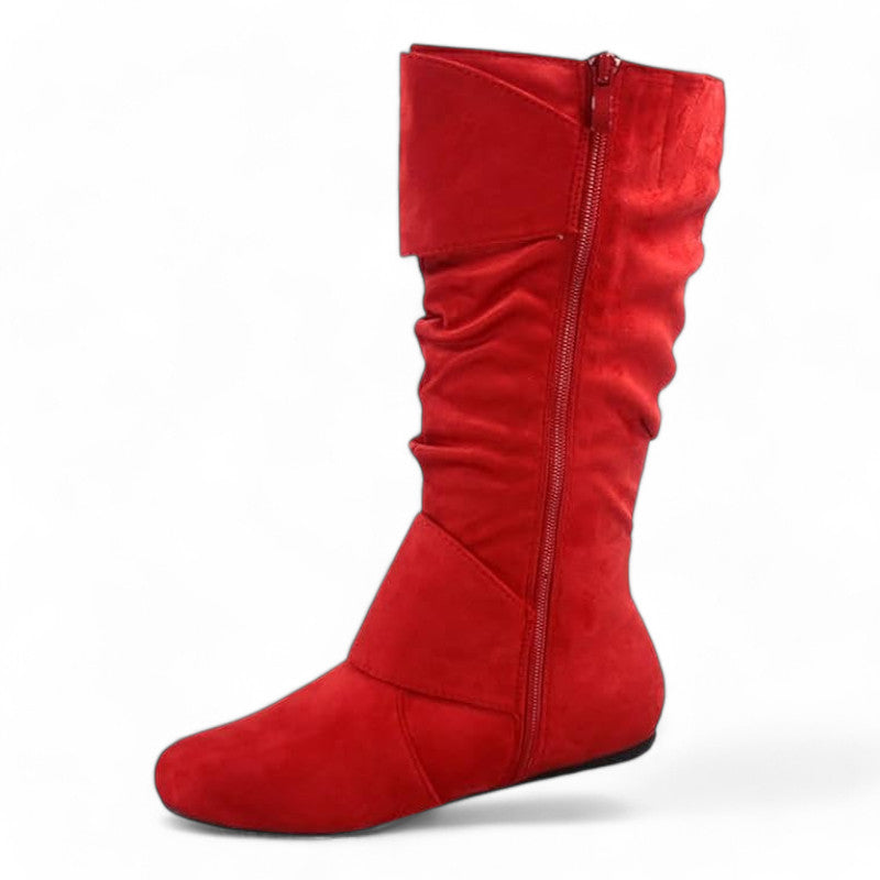 Women's Closed Round Toe Buckle Slouch Flat Heel Mid-Calf Boot