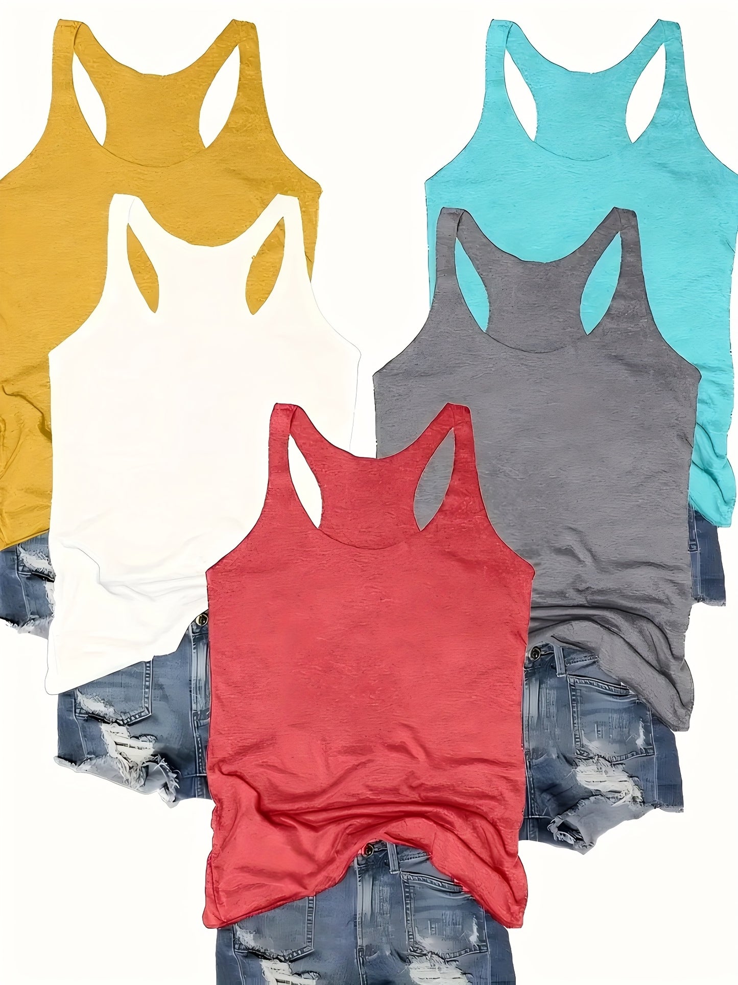Sinhoon 5pcs Stretchy Fabric Sleeveless Tank Tops - Comfortable Round Neck Casual Tops for Spring & Summer - Versatile Clothing