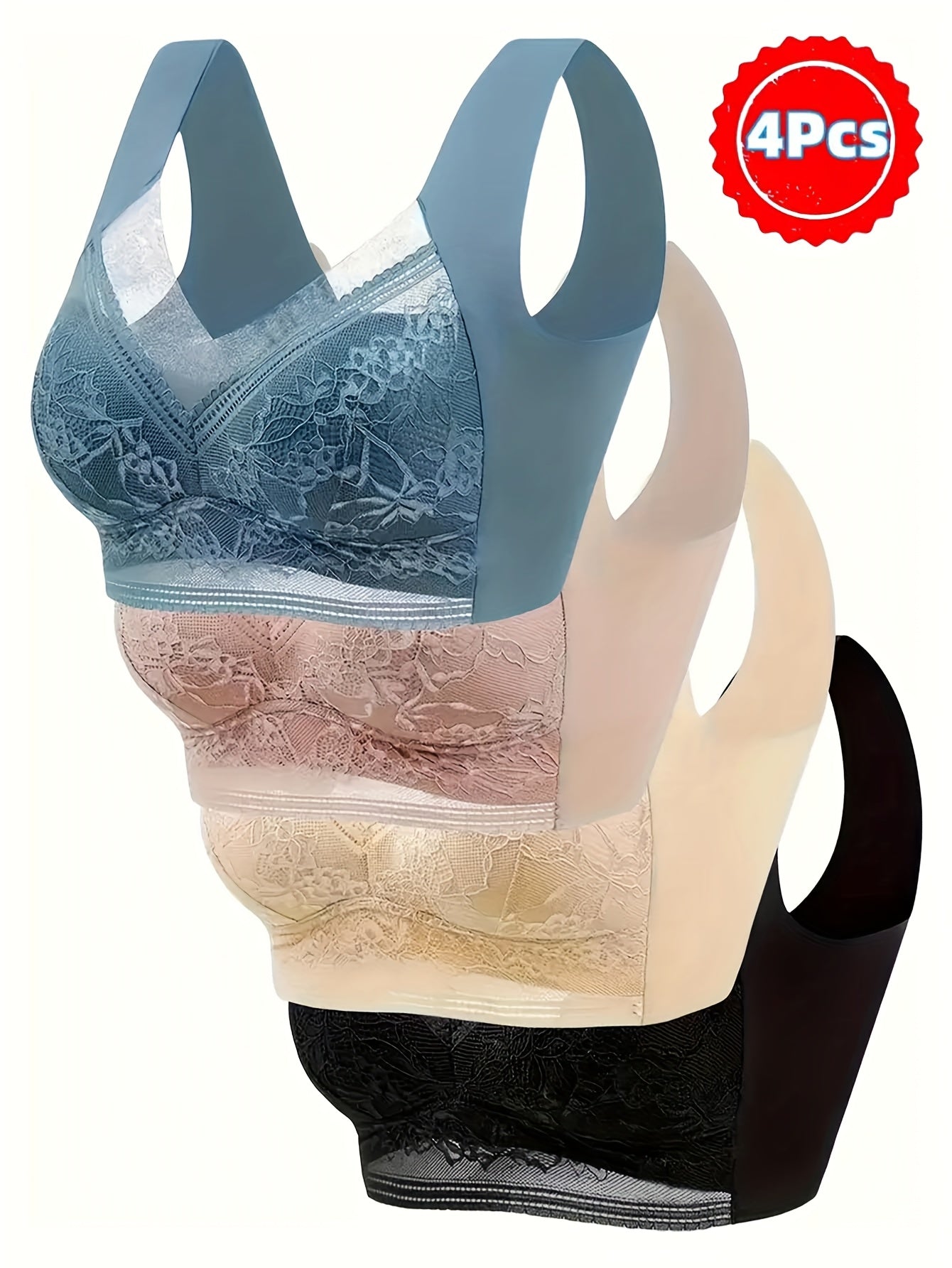 4pcs, Lace in Large Size, Vest with Traceless Ice Gathered Breathable Thin Style, Bra with Beautiful Back, Large Chest and Small Fixed Bra
