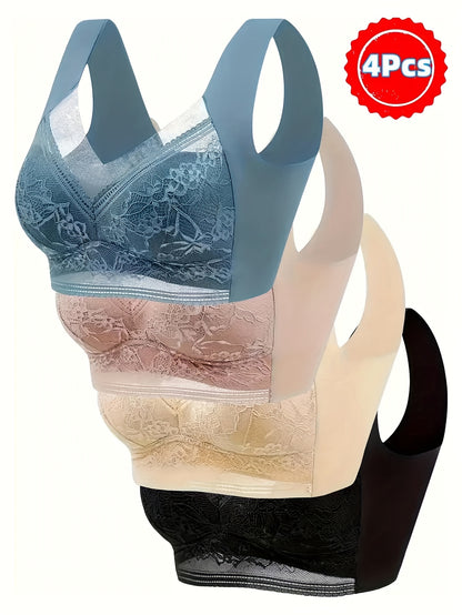 4pcs, Lace in Large Size, Vest with Traceless Ice Gathered Breathable Thin Style, Bra with Beautiful Back, Large Chest and Small Fixed Bra