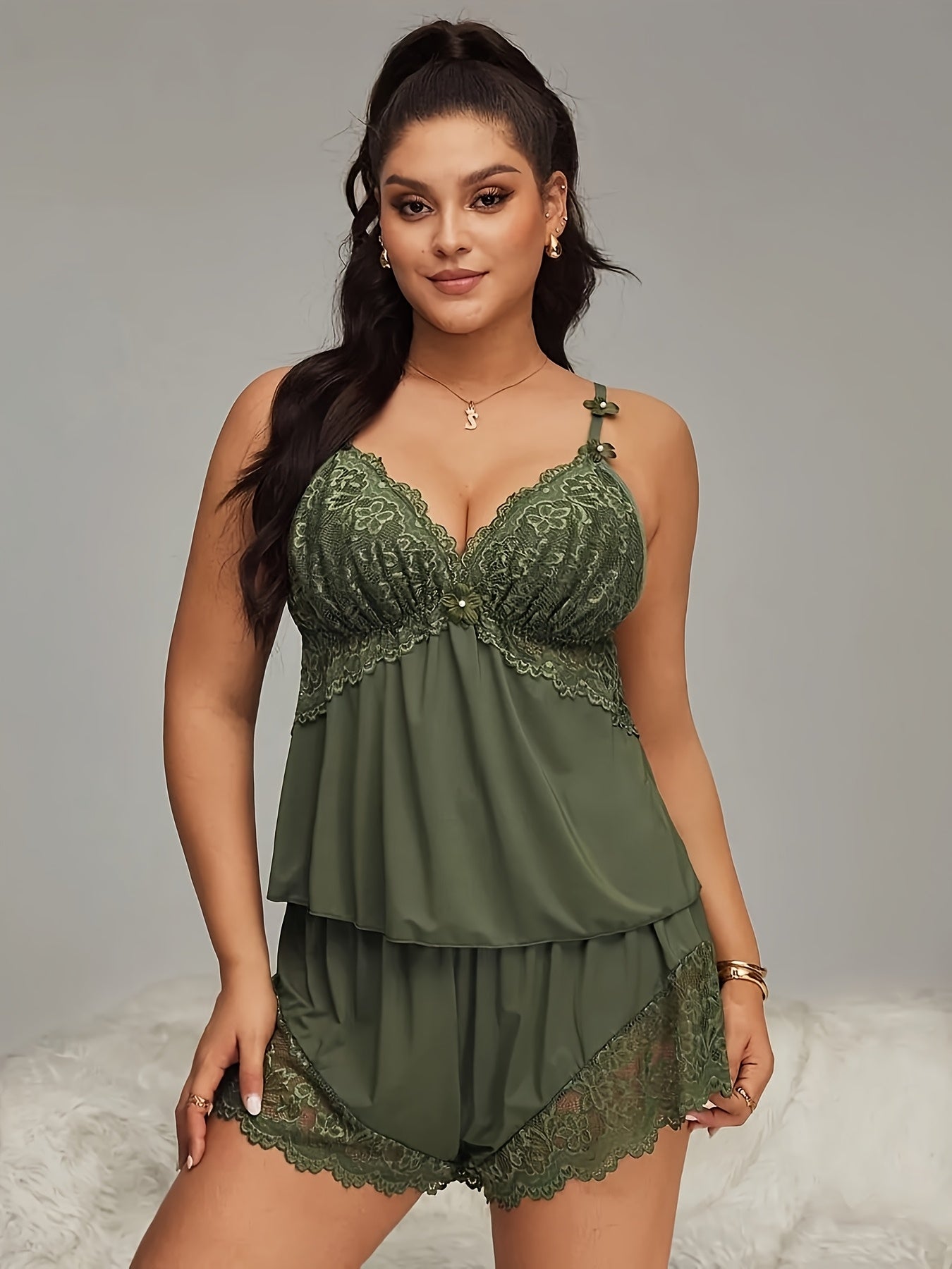 2025 Summer Plus-size Pajama For Chubby, Lace Two-piece Sexy Deep V Halter Shorts Home Wear Set