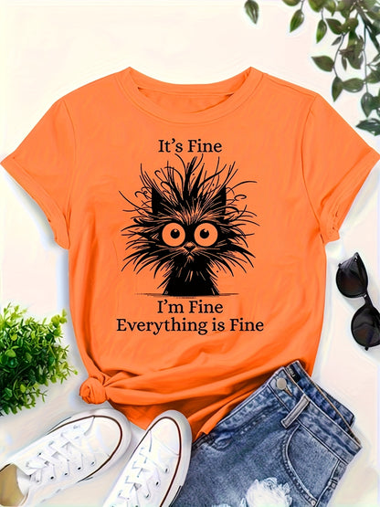 Whimsical "It's Okay, I'm Fine, Everything's Fine" Women's Cat Print T-shirt - Light Blue, Casual Version, Round Neck, Short Sleeve, Polyester, Machine Washable