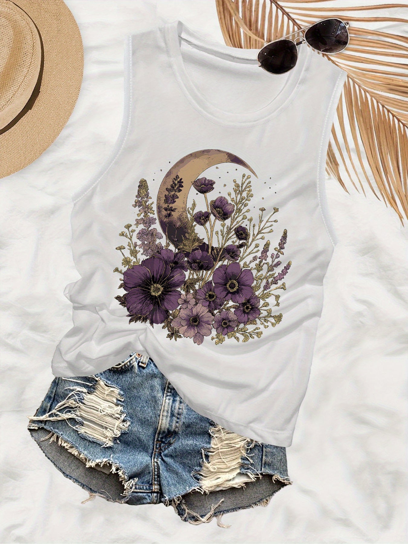 Women's Sleeveless Vest- Gray Purple Floral Crescent Pattern- Lightweight Breathable Summer Beach Party Essential, Machine Washable Casual Top