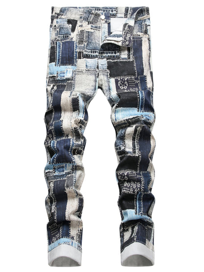1pc Men's Fashion Denim Jeans, Stretch Slim Fit Washed Denim with Laser Digital Print, Casual Regular Length Pants with Built-in Zipper, Polyester Blend, Mid-Waist for Adult