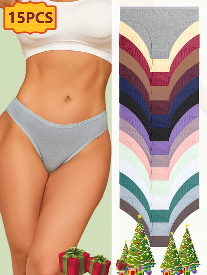 15pcs Women's Underwear, Vertical Striped Solid Color Triangle Pants, Suitable for Daily Commuting, Women's Underwear And Panties