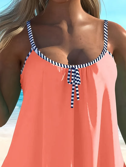 Adjustable Tankini Set - Solid Top & Striped Bottom