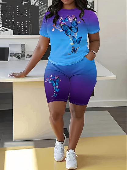 Plus Size Butterfly Print Ombre Two-piece Set, Crew Neck Short Sleeve Top & Shorts Outfits, Women's Plus Size聽Clothing