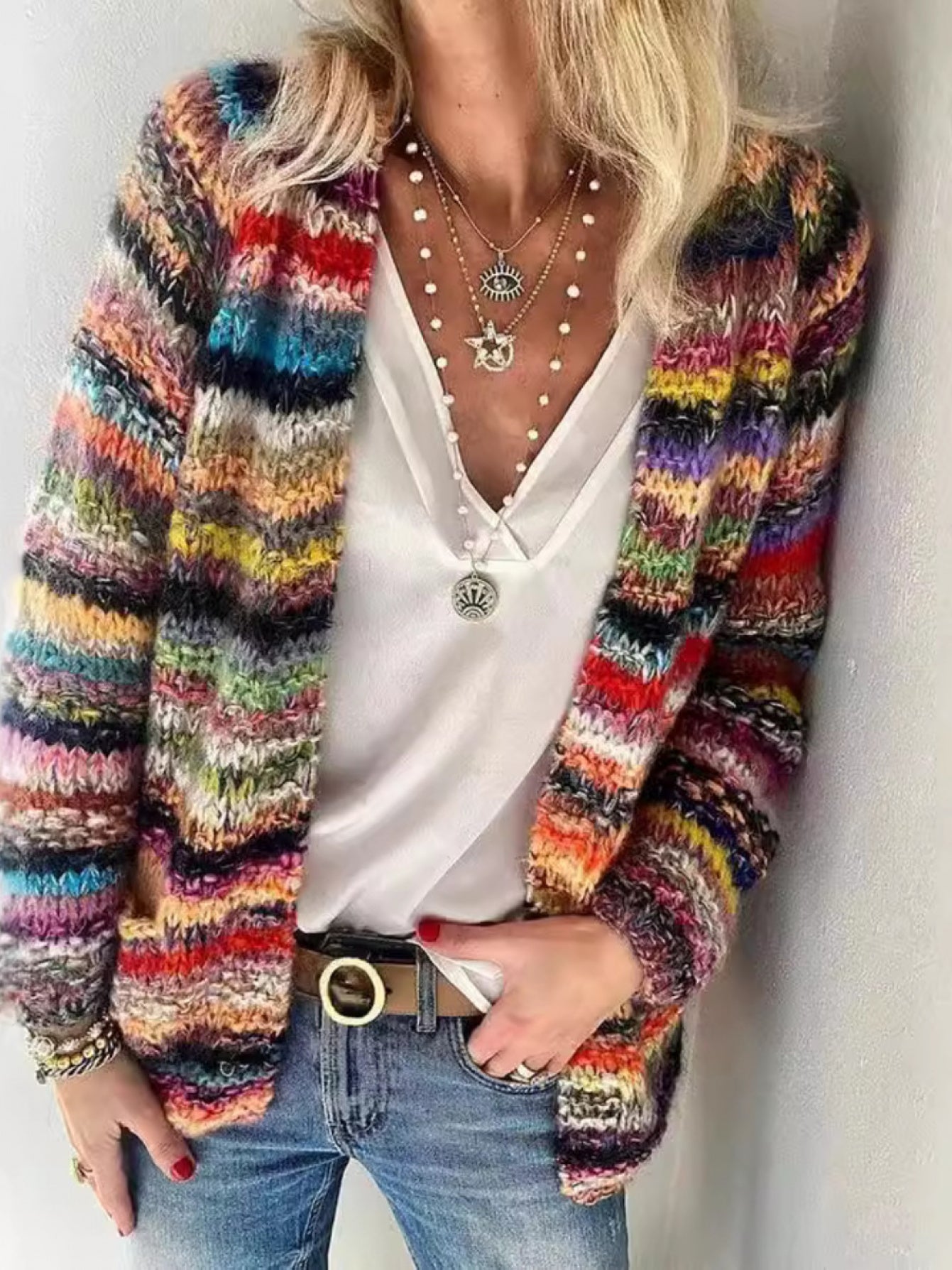 SCACTO Women'S Large Colorful Pattern Cardigan - Fun Bright Y2K Style Open Front Sweater