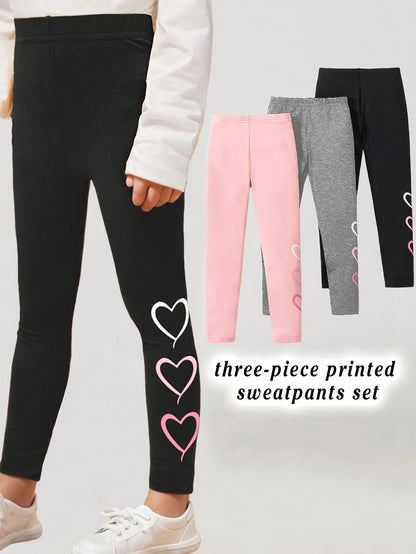 Set of Three Girls' Leggings Featuring a Heart Design, Suitable for Casual Wear in Any Season, for Outdoor