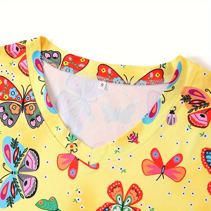 [Trendy Butterfly Print Tops] 2pcs Set of Trendy Butterfly Print Nursing T-Shirts | Digital Full-Print, Slit Pocket V-Neck Casual Tops for Women's Workwear