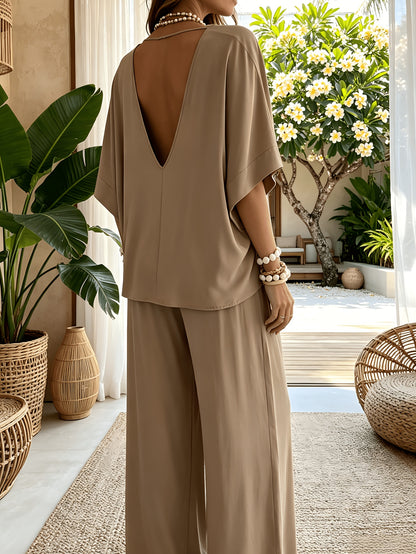 Women'S 2pcs V-Neck Wide Leg Pants Set - Boho Short Sleeve Loose Top & Drawstring Waist Outfit, Summer Beach Loungewear For Vacation, Perfect For Holiday And Daily Wear