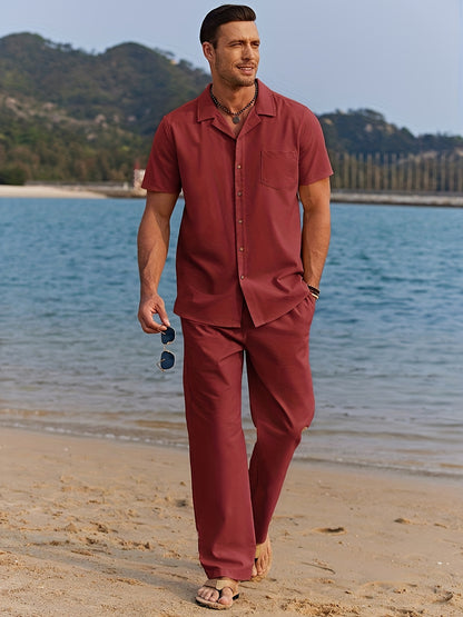 Men 2pcs Linen Outfit Beach Button- Shirt Casual Loose Pant Sets
