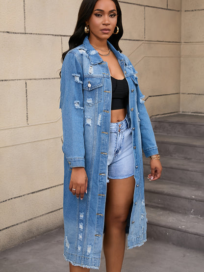 Long Ripped Denim Jacket with Real Pockets, Casual Windbreaker