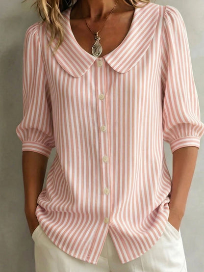 New Mid-Sleeve Striped V-Neck Shirt Top T-Shirt for Women