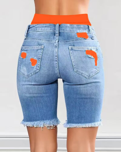 Denim Shorts, Color Block Printed Ripped Shorts/w Fitness Running Shorts