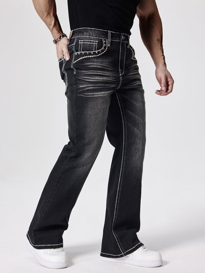 ESDVQ Men's Slim-Fit Classic Washed Denim Bell-Bottom Jeans - Mid-Stretch Machine-Washable Flared Pants with Suitable for All-Season Wear, Comfortable Stretchable Bell-Bottoms for Casual & Dressy Outfits