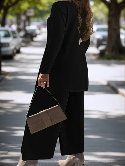 2025 New Stylish Women'S Solid Color Two-Piece Outfit - Crew Neck Blouse & Loose-Fitting Trousers, Stretchable Mix, Washable in Machine - Ideal for Spring And Autumn