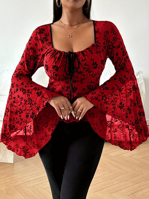 [Stylish Red Top] Plus Size, Stylish Red Top with Black Floral Pattern: Elastic Bodice, Elegant Look