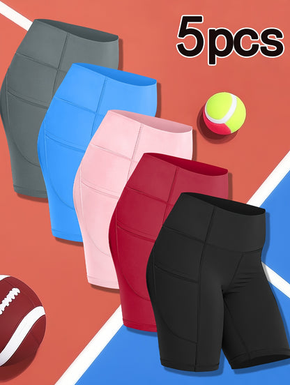 5pcs Set Of Large Sports Shorts For Women, Fashionable Casual Shorts, High Waist High Stretch Yoga Shorts, 5-inch Shorts With Phone Pocket