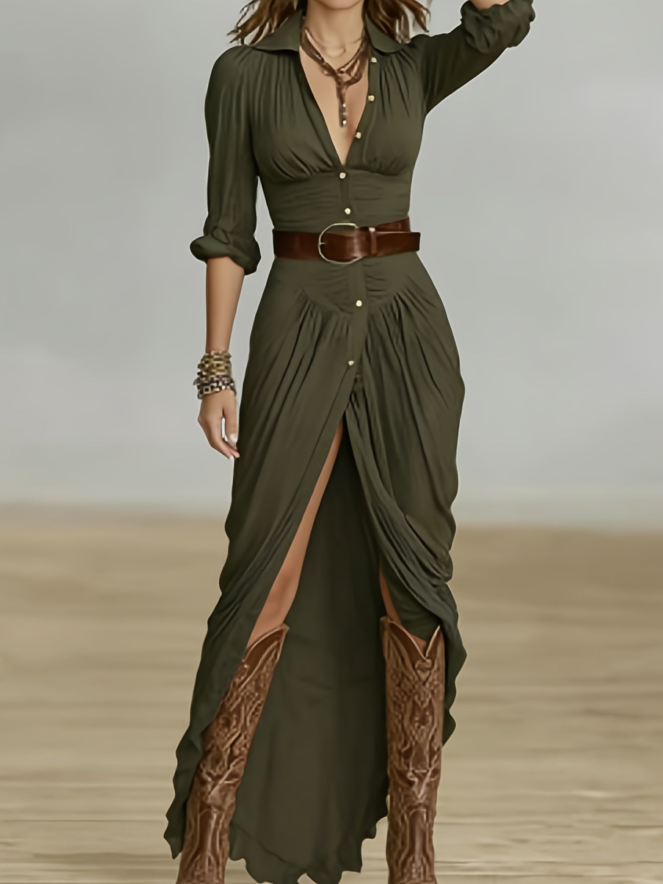 [Chic Dress] Fashionable Retro V-Neck Button-Up High Slit Belted Figure-Hugging Chic -Style Dress For Women, A Figure-Hugging Long Dress That Enhances The Waistline And Makes You Look Slimmer