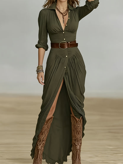 [Chic Dress] Fashionable Retro V-Neck Button-Up High Slit Belted Figure-Hugging Chic -Style Dress For Women, A Figure-Hugging Long Dress That Enhances The Waistline And Makes You Look Slimmer