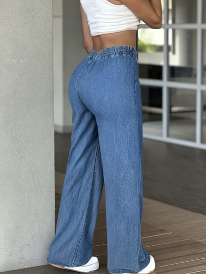 [High-Waisted Comfortable Jeans] Women's Solid Color High-Waisted Straight Jeans, Drawstring Elastic Waistband Design, Loose Fit Version, All-Season Casual Trousers, Lightweight Comfortable Wide Leg Pants Suitable for Everyday Wear