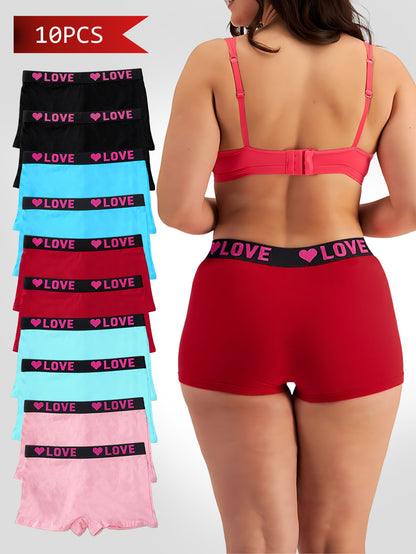 Set of 10 Women'S Briefs in Solid Colors, Available in 8 Shades, Showcasing a LOVE Letter Design. These Underwear Are Designed for Comfort And Breathability.
