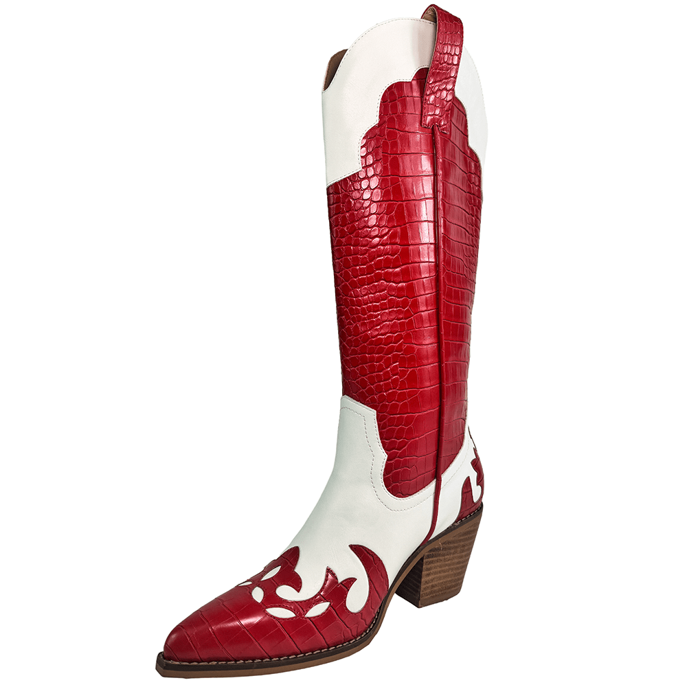 ARiderGirl Pamela Women's Western Cowboy Knee-High Boots Crocodile Printed Chunky Stacked Heel Pointed Toe Boots