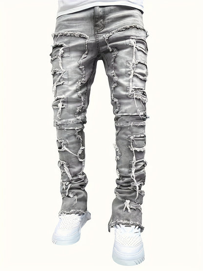Men's Ripped Jeans Retro Street Style Spliced Slim Jeans Versatile Men Straight Denim Pants
